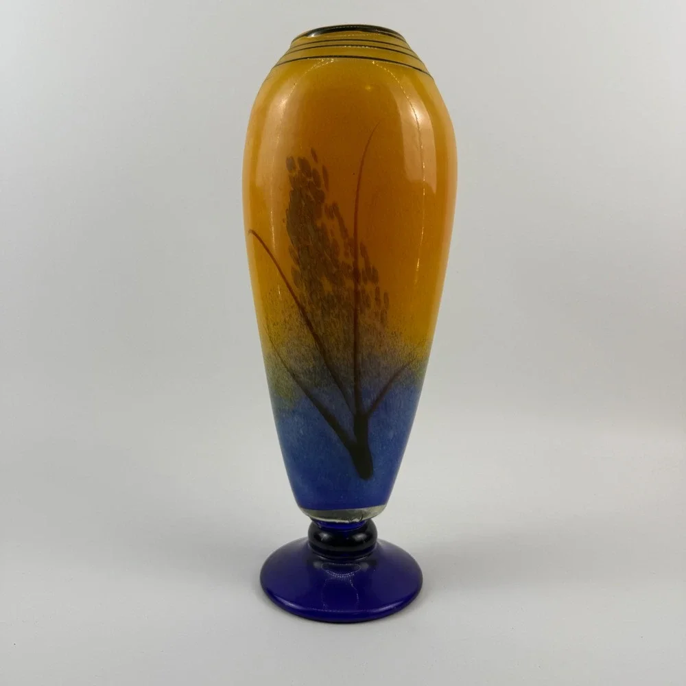 Art Glass Vase Amber Blue Cattail Reed Motif Pedestal Vase